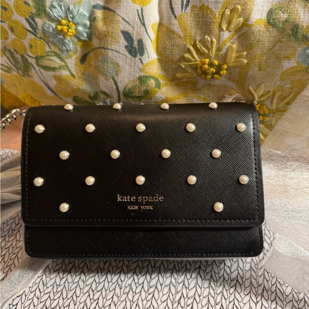 Kate Spade Mini Pearl Flap Chain Wallet Black NWT